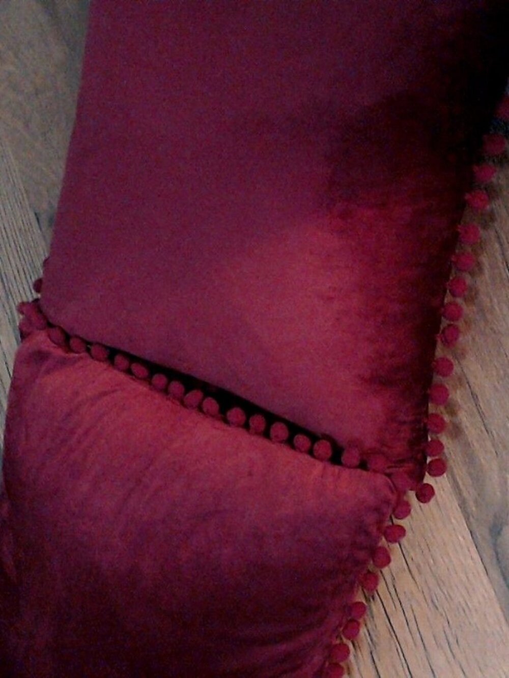 Burgundy Velvet Throw Pillows with Pom Pom Trim, Set of 2
